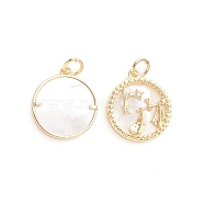 Brass Micro Pave Cubic Zirconia Pendants, with Natural Shell and Jump Ring, Flat Round with Twelve Constellations, Golden, Libra, 17.5x15x2.5mm, Hole: 3.5mm(ZIRC-E164-36B-G)