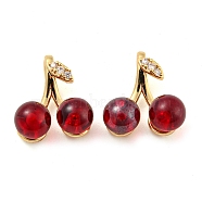 Brass Micro Pave Clear Cubic Zirconia Pendants, Cherry Charms with Dark Red Glass, Long-Lasting Plated, Golden, 16x14x7.5mm, Hole: 2.5x4mm(KK-G486-13G)