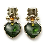 Green Glass Dangle Stud Earrings, Antique Golden Alloy Earrings with 925 Sterling Silver Pins, Heart, 44x24.5mm(EJEW-F323-02B)