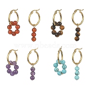 4 Pairs 4 Style NNatural & Synthetic Mixed Genstone Round Beaded Dangle Hoop Earrings, Real 18K Gold Plated 304 Stainless Steel Asymmetrical Earrings, 34.5~40x6.5~20mm, 1 Pair/style(EJEW-TA00296)