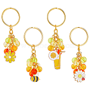 1 Set Flower/Bee/Orange Juice Alloy Enamel Pendant Keychain, with Acrylic Beads, for Car Bag Pendant Decoration Key Chain, Sunflower Pattern, 7.9cm, 4pcs/box(KEYC-FH0001-38A)