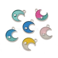 Alloy Enamel Pendants, with Glitter Powder, Moon with Star Charm, Platinum, Mixed Color, 18x14.5x1.5mm, Hole: 2mm(PALLOY-I217-02P)