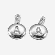Brass Pendants, with Cubic Zirconia, Cadmium Free & Lead Free, Flat Round with Letter, Platinum, Letter.A, 22mm, Hole: 2x3mm, Pendant: 15x3mm(KK-K194-A-P-RS)