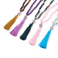 Tassel Pendant Necklaces, with Natural Gemstone Beads, Buddha Head, 31.1 inch~33 inch(79~84cm)(NJEW-P191-A)