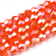 Opaque Solid Color Electroplate Glass Beads Strands, AB Color Plated, Faceted, Bicone, Orange Red, 2.9~3.3x2.5mm, Hole: 0.7mm, about 145~150pcs/strand, 16.34~16.54 inch(41.5~42cm)(EGLA-A039-P2mm-B03)