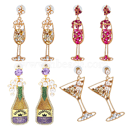 4 Pairs 4 Styles Rhinestone & Plastic Pearl Glass Wine Glass Dangle Stud Earrings, Alloy Long Drop Earrings, Golden, 58~68x14.5~31.5mm, 1 Pair/style(EJEW-FI0001-70)