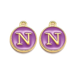 Golden Plated Alloy Enamel Charms, Enamelled Sequins, Flat Round with Alphabet, Letter.N, Purple, 14x12x2mm, Hole: 1.5mm(ENAM-Q437-12N)