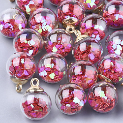 Glass Ball Pendants, with Glitter Sequins and CCB Plastic Findings, Round with Heart, Golden, Red, 21x15.5~16mm, Hole: 2mm(X-GLAA-T003-07A)