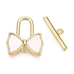 Brass Toggle Clasps, with Shell, Bowknot, Real 18K Gold Plated, 15x13x2mm, Hole: 1.2mm, Bar: 4.5x14.5~18.5x2mm, Hole: 1~1.8mm(KK-N254-160G)