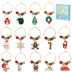 14Pcs Christmas Theme Alloy Enamel Wine Glass Charms, with Brass Findings and Pearlized Glass Beads, Bell/Snowflake/Santa Claus, Golden, 35~57mm, 1pc/style(AJEW-SC0002-05)