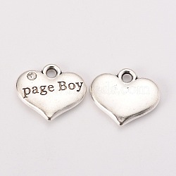 Wedding Theme Antique Silver Tone Tibetan Style Heart with Page Boy Rhinestone Charms, Cadmium Free & Lead Free, Crystal, 14x16x3mm, Hole: 2mm(TIBEP-N005-14B)