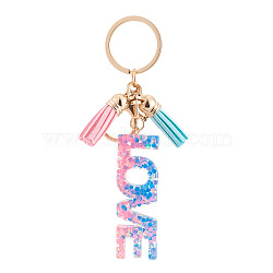 Alloy & Resin Tassel Keychains, Word LOVE, with Glitter Powder & Lobster Claw Clasps, Golden, Purple, 130mm(AJEW-TADJ0001-18B)