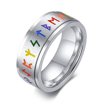 Rainbow Color Pride Flag Rune Words Odin Norse Viking Amulet Enamel Rotating Ring, Stainless Steel Fidge Spinner Ring for Stress Anxiety Relief, Stainless Steel Color, US Size 10(19.8mm)