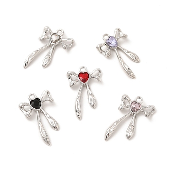 Rack Plating Alloy Glass Pendants, Cadmium Free & Nickel Free & Lead Free, Platinum Tone Bowknot Charms, Mixed Color, 23.5x15x4mm, Hole: 1.6mm