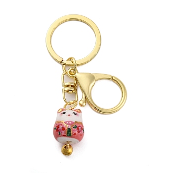 Fortune Cat Porcelain Pendant Keychain, with Iron Keychain Ring and Alloy Lobster Claw Clasps, Light Coral, 8.7cm