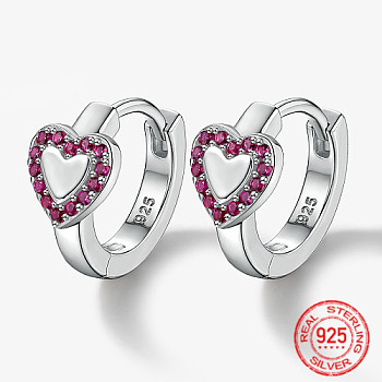 Rhodium Plated Platinum 925 Sterling Silver Micro Pave Cubic Zirconia Hoop Earrings, Heart, with 925 Stamp, Deep Pink, 12.8x14.8mm