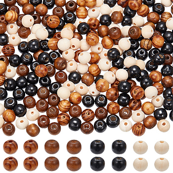 400Pcs 4 Colors Natural Unfinished Wood Beads, Round Wooden Loose Beads Spacer Beads for Craft Making, Lead Free, Mixed Dyed and Undyed, Mixed Color, 9~10mm, Hole: 2~3.5mm, 100pcs/color