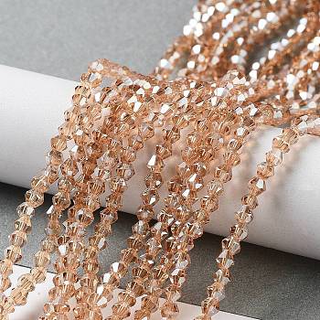 Electroplate Glass Beads Strands, Half Golden Plated, Faceted, Bicone, Blanched Almond, 3x3mm, Hole: 1mm, about 128~135pcs/strand, 13.8 inch