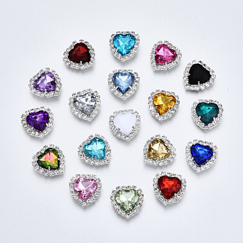 Acrylic Rhinestone Cabochons, with Crystal Rhinestones and Brass Rhinestones Findings, Heart, Faceted, Silver, Mixed Color, 17.5x17x6~7mm