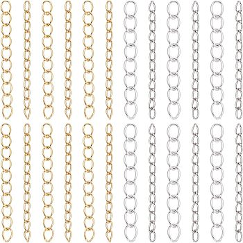 120Pcs 4 Style 304 Stainless Steel Curb Chains Extender, End Chains, Golden & Stainless Steel Color, 25mm, Link: 3~4x1.6~3x0.4~0.5mm, 30Pcs/style