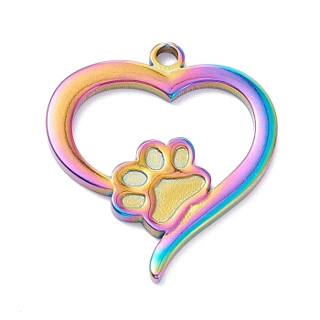 Vacuum Plating 304 Stainless Steel Pendant Cabochon Settings For Enamel, Heart with Dog Footprint, Rainbow Color, 27.5x25x2mm, Hole: 2mm