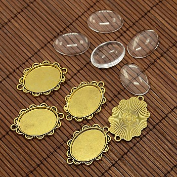 25x18mm Oval Dome Clear Glass Cover and Antique Golden Alloy Cabochon Connector Settings Sets, Nickel Free, Settings: 36x25x2mm, Tray: 25x18mm, Hole: 2mm