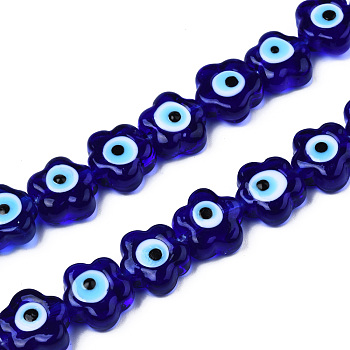 Handmade Evil Eye Lampwork Beads Strands, Flower, Medium Blue, 11x12x6mm, Hole: 1.6mm, about 33pcs/strand, 14.57 inch(37cm)