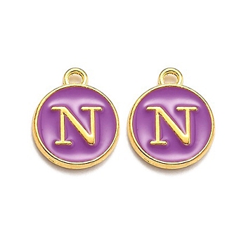 Golden Plated Alloy Enamel Charms, Enamelled Sequins, Flat Round with Alphabet, Letter.N, Purple, 14x12x2mm, Hole: 1.5mm