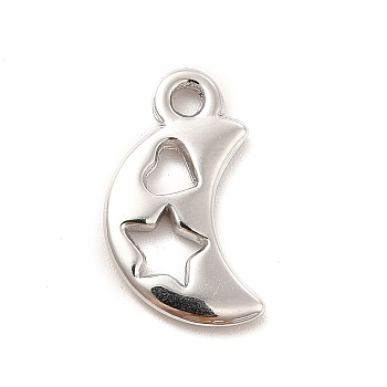 304 Stainless Steel Pendants, Hollow, Moon with Heart & Star, Stainless Steel Color, 17.5x10x2mm, Hole: 1.8mm