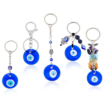 5Pcs 5 Style Handmade Lampwork Evil Eye Keychain, with Alloy, Brass, Iron Split Key Rings, Flat Round, Blue, Platinum, 7.3~13.4cm, 1pc/style