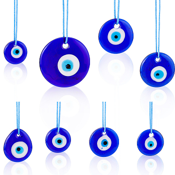 BENECREAT 8Pcs 6 Style Evil Eye Glass Pendants Decoration, with Nylon Threads, Blue, 125~154mm