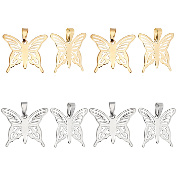 8Pcs 2 Color 304 Stainless Steel Pendants, Butterfly, Golden & Stainless Steel Color, 31x35x1mm, Hole: 10x4.5mm