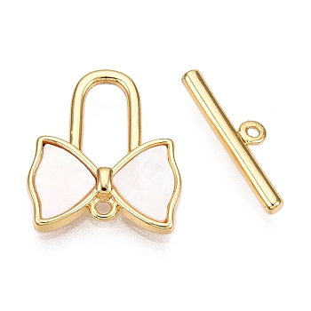 Brass Toggle Clasps, with Shell, Bowknot, Real 18K Gold Plated, 15x13x2mm, Hole: 1.2mm, Bar: 4.5x14.5~18.5x2mm, Hole: 1~1.8mm