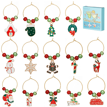 14Pcs Christmas Theme Alloy Enamel Wine Glass Charms, with Brass Findings and Pearlized Glass Beads, Bell/Snowflake/Santa Claus, Golden, 35~57mm, 1pc/style