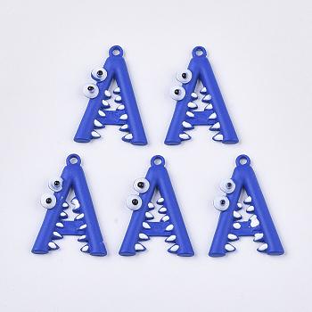 Spray Painted Alloy Pendants, Letter A, Royal Blue, 25x17.5x4.5mm, Hole: 1.5mm