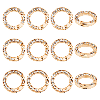 12pcs Alloy Spring Gate Ring with Rhinestone, Rings, Light Gold, 25x4.5mm, inner diameter: 16.5mm.