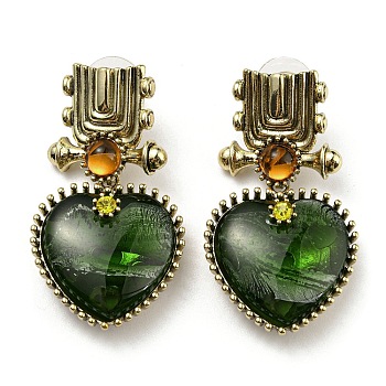 Green Glass Dangle Stud Earrings, Antique Golden Alloy Earrings with 925 Sterling Silver Pins, Heart, 44x24.5mm