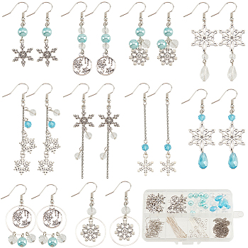 DIY Christmas Snowflake Earring Making Kit, Including Glass Beads, Glass Pearl & Teardrop Beads, Brass Linking Rings & Earring Hooks, Alloy Pendants, Sky Blue, 178Pcs/box