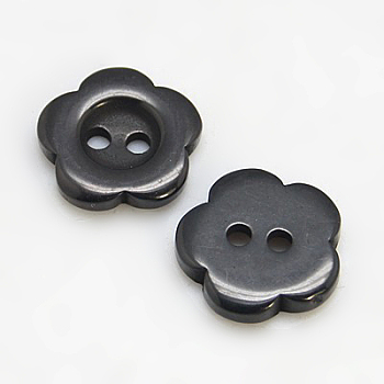 Resin Buttons, Dyed, Flower, Black, 12x2.5mm, Hole: 1mm