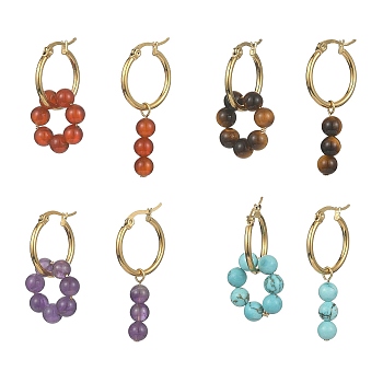 4 Pairs 4 Style NNatural & Synthetic Mixed Genstone Round Beaded Dangle Hoop Earrings, Real 18K Gold Plated 304 Stainless Steel Asymmetrical Earrings, 34.5~40x6.5~20mm, 1 Pair/style