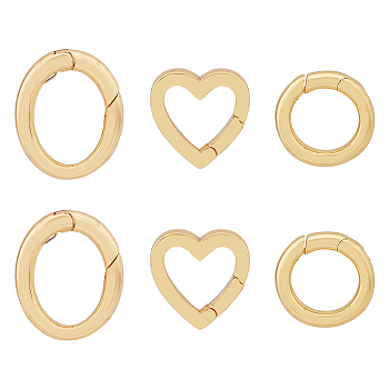 6Pcs 3 Styles Brass Spring Gate Rings, Round Ring & Heart & Oval, Real 18K Gold Plated, 14.5~16x14.5~16x2~2.5mm, Inner Diameter: 9~15mm, 2pcs/style