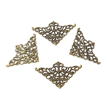 Iron Filigree Joiners, Etched Metal Embellishments, Corner Shape with Flower, Antique Bronze, 32.5x51x1mm