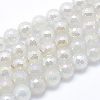 Electroplated Natural Agate Beads Strands, Round, Faceted, White, 8mm, Hole: 1mm, about 48~49pcs/strand, 15.1~15.5 inch(38.5~39.5cm)