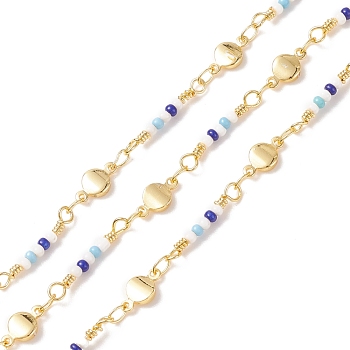 Brass Flat Round Link Chains, with Glass Beaded, Soldered, with Spools, Cadmium Free & Lead Free, Real 18K Gold Plated, Blue, 8.5x5x2mm, 17x2mm