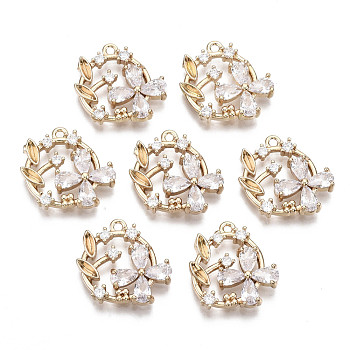 Brass Micro Pave Cubic Zirconia Pendants, Long-Lasting Plated, Flower, Light Gold, Clear, 16x16.5x3mm, Hole: 1.2mm