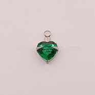 Faceted Glass Urn Pendant, with 316 Stainless Steel Findings, Heart with Always On My Mind Forever In My Heart, for Ashes Urn Memorial Necklace Making, Stainless Steel Color, Green, 33x21.5x11.5mm, Hole: 5mm(GLAA-WH0031-10L)