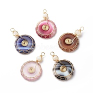 Natural Striped Agate/Banded Agate Pendants, Dyed, with Natural Moonstone Beads and Eco-Friendly Copper Wire Wrapped, Donut/Pi Disc Charm, Mixed Color, Real 18K Gold Plated, 46.5x30x6.5mm, Hole: 4mm(PALLOY-JF01821-01)