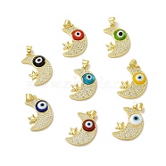 Rack Plating Brass Micro Pave Clear Cubic Zirconia Pendants, with Handmade Evil Eye Lampwork, Cadmium Free & Lead Free, Long-Lasting Real 18K Gold Plated, Moon with Star Charm, Mixed Color, 25x16.5x4mm, Hole: 5x3.5mm(LAMP-A153-01G-M)