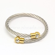 Trendy Women's 304 Stainless Steel Torque Bangles, with Rhinestone Head Findings, Golden and Stainless Steel Color, 52mm(BJEW-N225-90G)