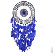 Evil Eye Woven Web/Net with Feather Wall Hanging Decorations, with Iron Ring, for Home Bedroom Decorations, Blue, 900mm(PW-WG77758-01)